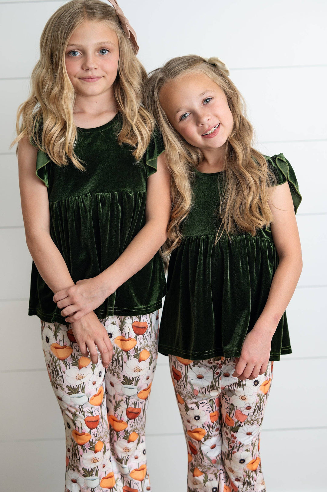Girls Olive Velvet Ruffle Top &amp; Retro Bell Bottom Pant Set