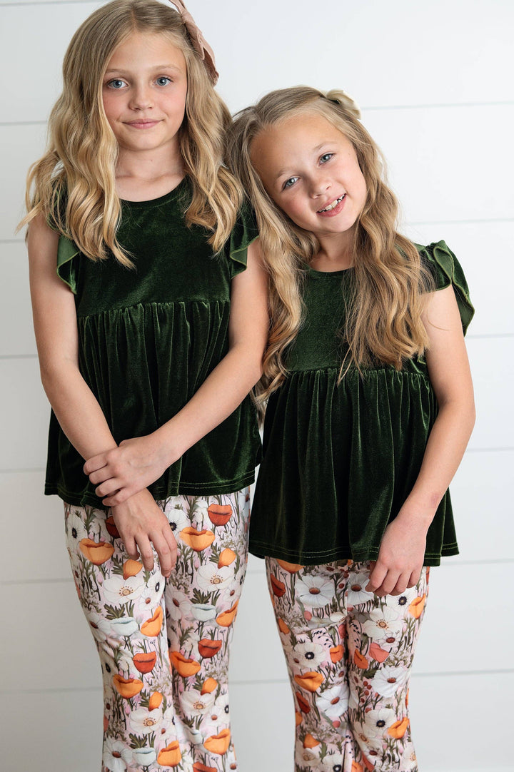 Girls Olive Velvet Ruffle Top &amp; Retro Bell Bottom Pant Set