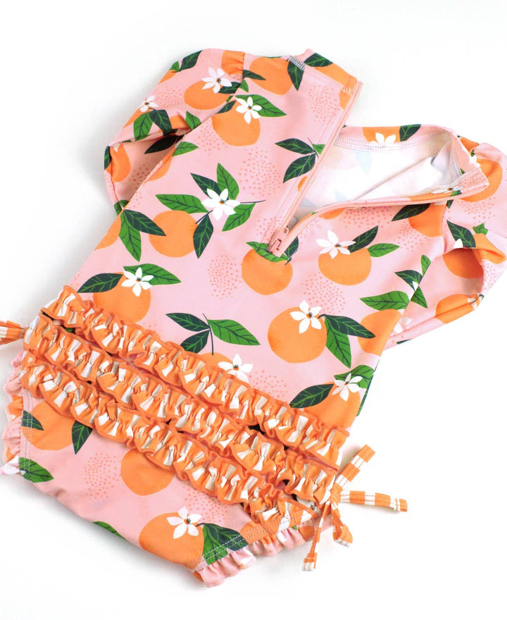 Baby Girls Orange You The Sweetest Long Sleeve One Piece Rash Guard Swimsuit with Signature Rear Ruffles