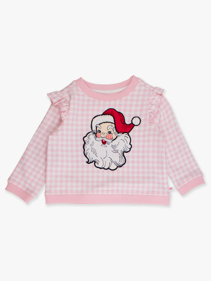 Girls Dear Santa Pink Gingham Applique Flutter Sweatshirt