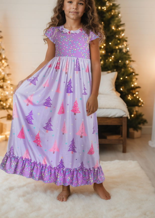 Girls Purple Christmas Tree Holiday Ruffle Lounge Play Gown