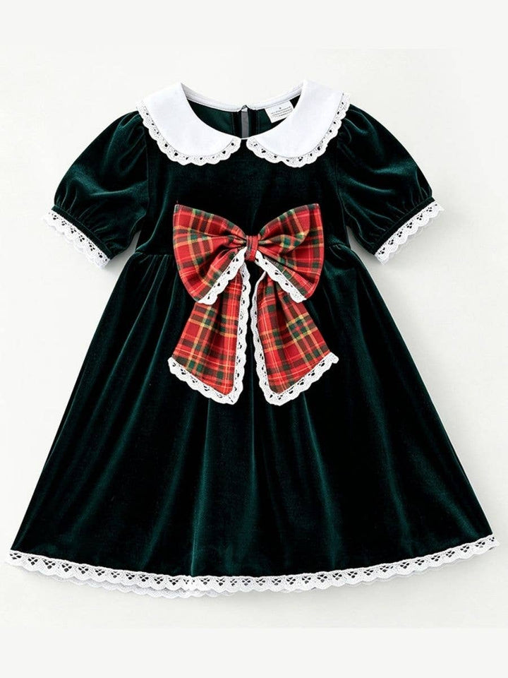 Plaid Bow Girls Velvet Christmas Dress