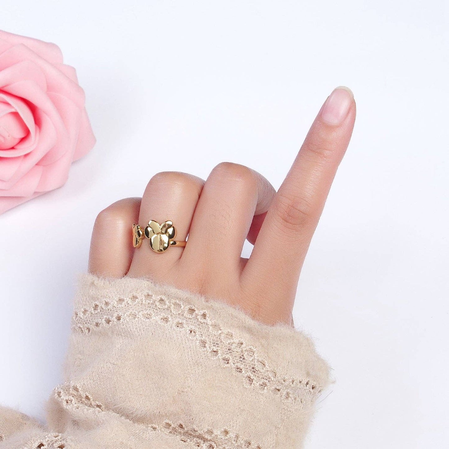 Double Bowed Mouse Open Adjustable Gold Minimalist Ring | O-183