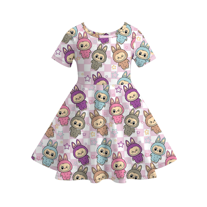 Cute Monster Print Short Sleeve Twirly Dress