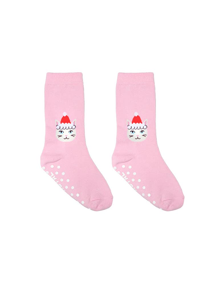 3D Packaged Crew Socks - Kids - Holiday - Santa Kitty -Pink