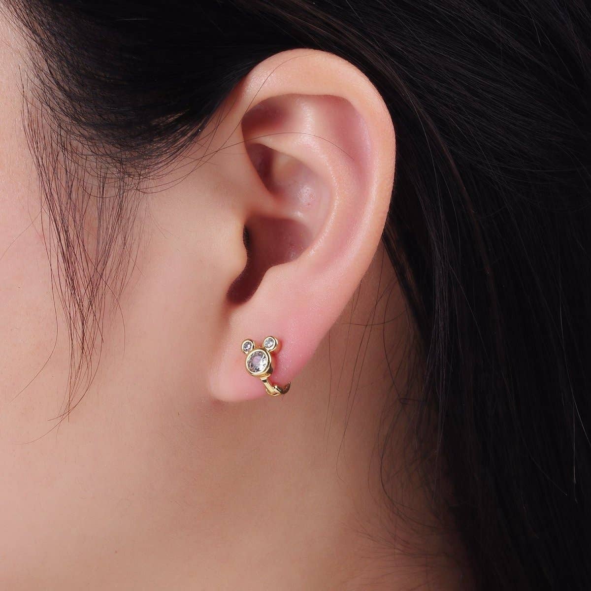 14K Gold Filled Clear CZ Triple Mouse Animal Huggie Earrings | AB1260