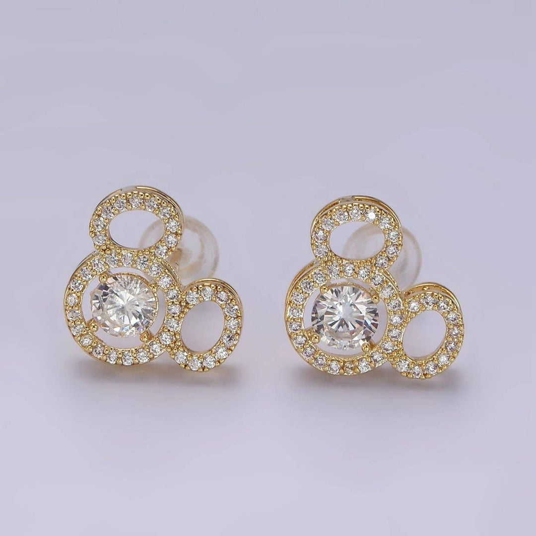 14K Gold Filled Triple Clear CZ Open Round Micro Paved Mouse Stud Earrings in Gold &amp; Silver