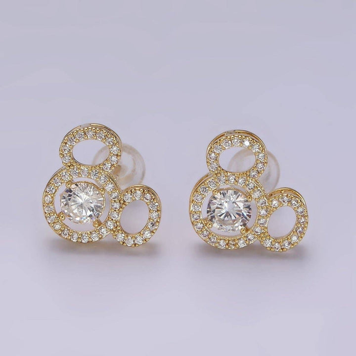 14K Gold Filled Triple Clear CZ Open Round Micro Paved Mouse Stud Earrings in Gold &amp; Silver