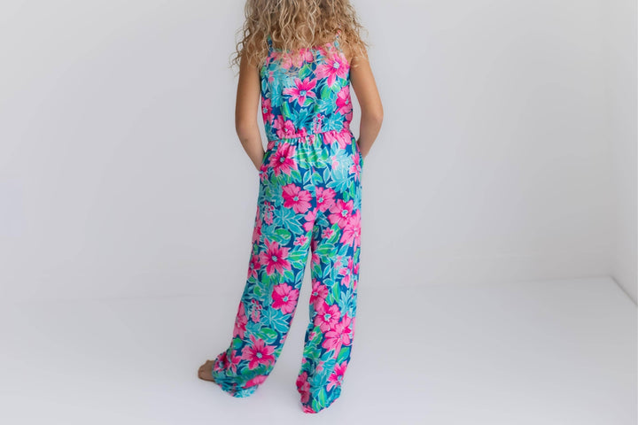 Kids Bright Pink Tropical Spring Summer Jumpsuit With Pockets