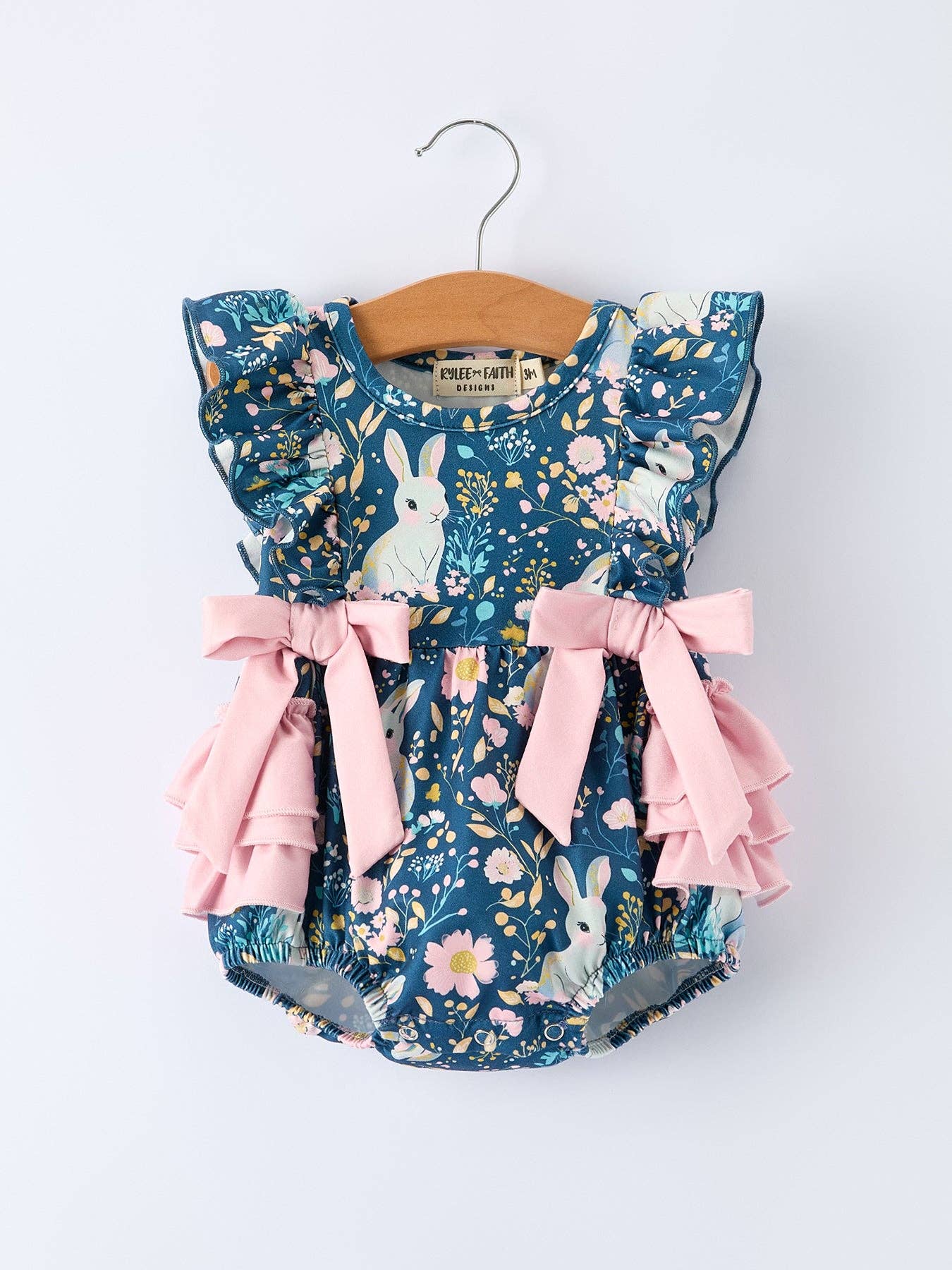 Teal Bunny Garden Ruffle Sleeve Baby Girls Romper
