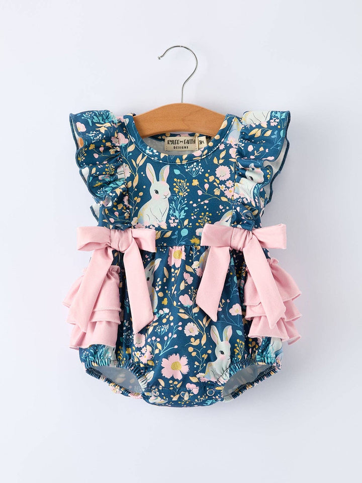 Teal Bunny Garden Ruffle Sleeve Baby Girls Romper