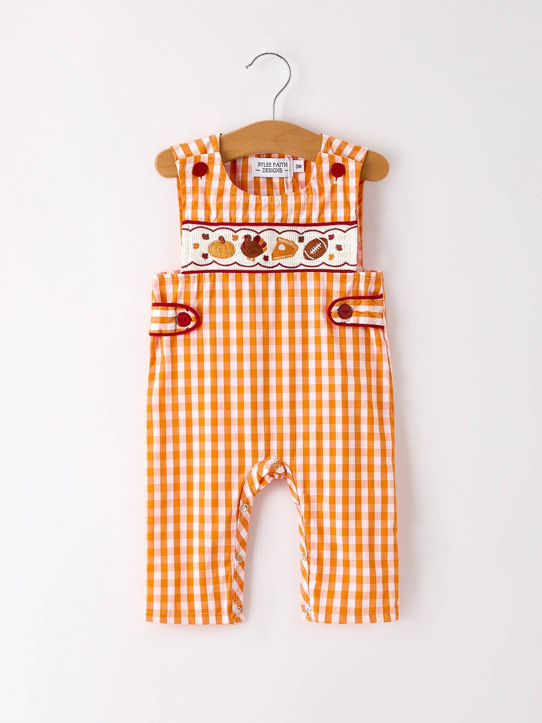Fall Turkey Embroidered Romper for Baby Boys – Orange Checkered with Thanksgiving Details