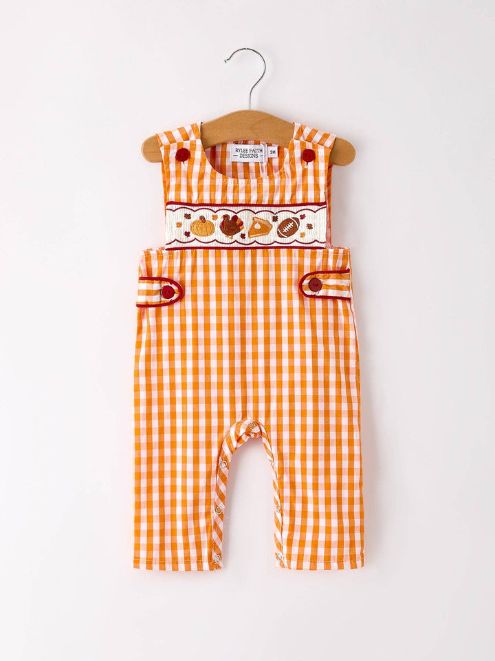 Fall Turkey Embroidered Romper for Baby Boys – Orange Checkered with Thanksgiving Details