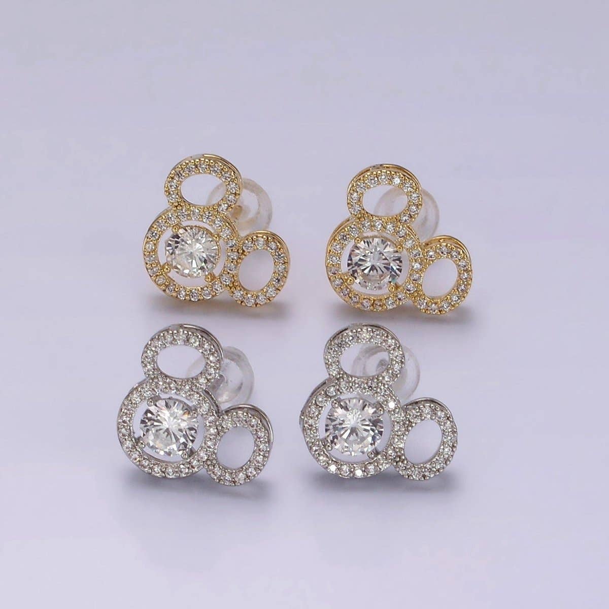 14K Gold Filled Triple Clear CZ Open Round Micro Paved Mouse Stud Earrings in Gold & Silver | V468 V469