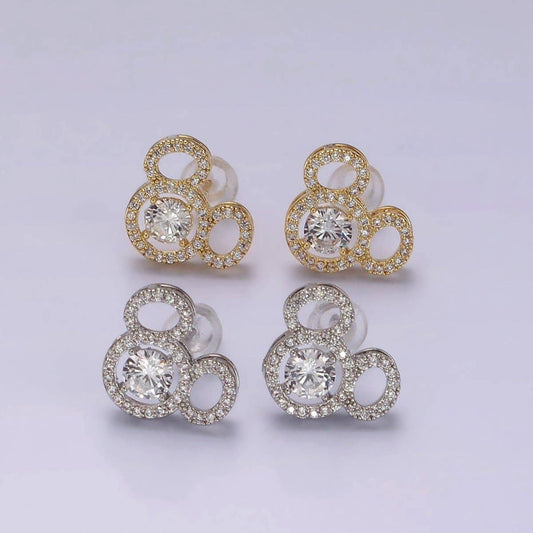 14K Gold Filled Triple Clear CZ Open Round Micro Paved Mouse Stud Earrings in Gold & Silver | V468 V469