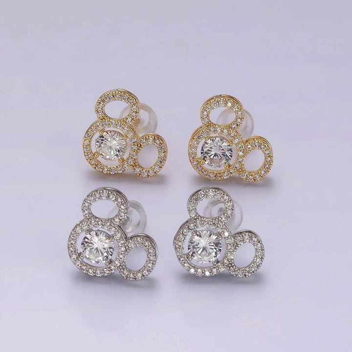 14K Gold Filled Triple Clear CZ Open Round Micro Paved Mouse Stud Earrings in Gold &amp; Silver