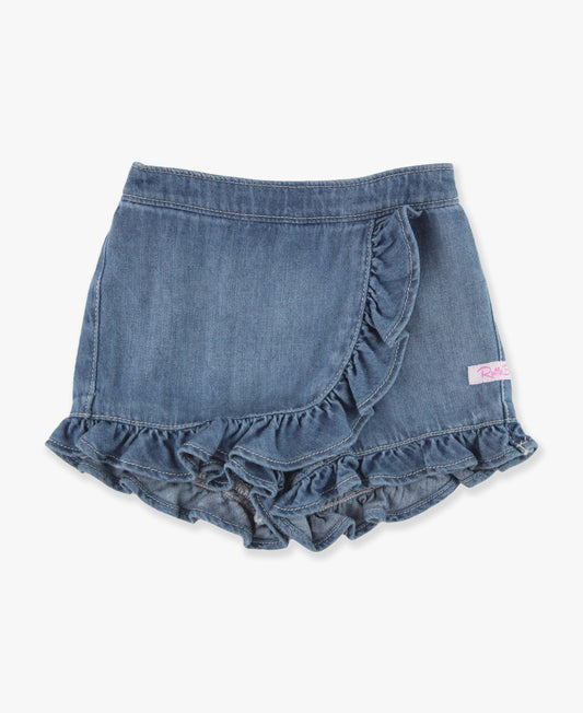 Girls Light Wash Ruffled Jean Skort