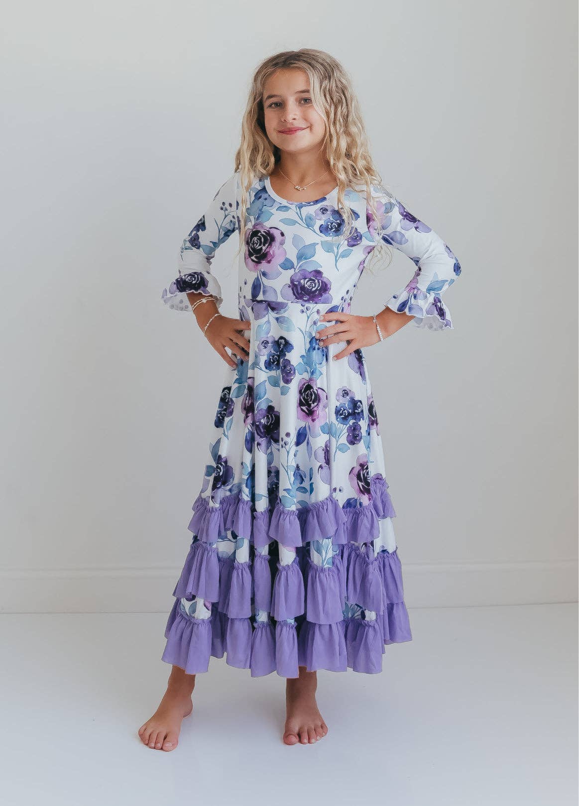 Girls Lavender Winter Floral Long Sleeve Ruffles Dress
