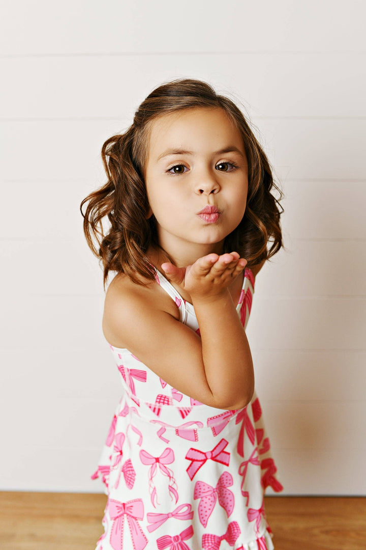 Girls White &amp; Pink Bow Athletic Active Sport Ruffle Dress