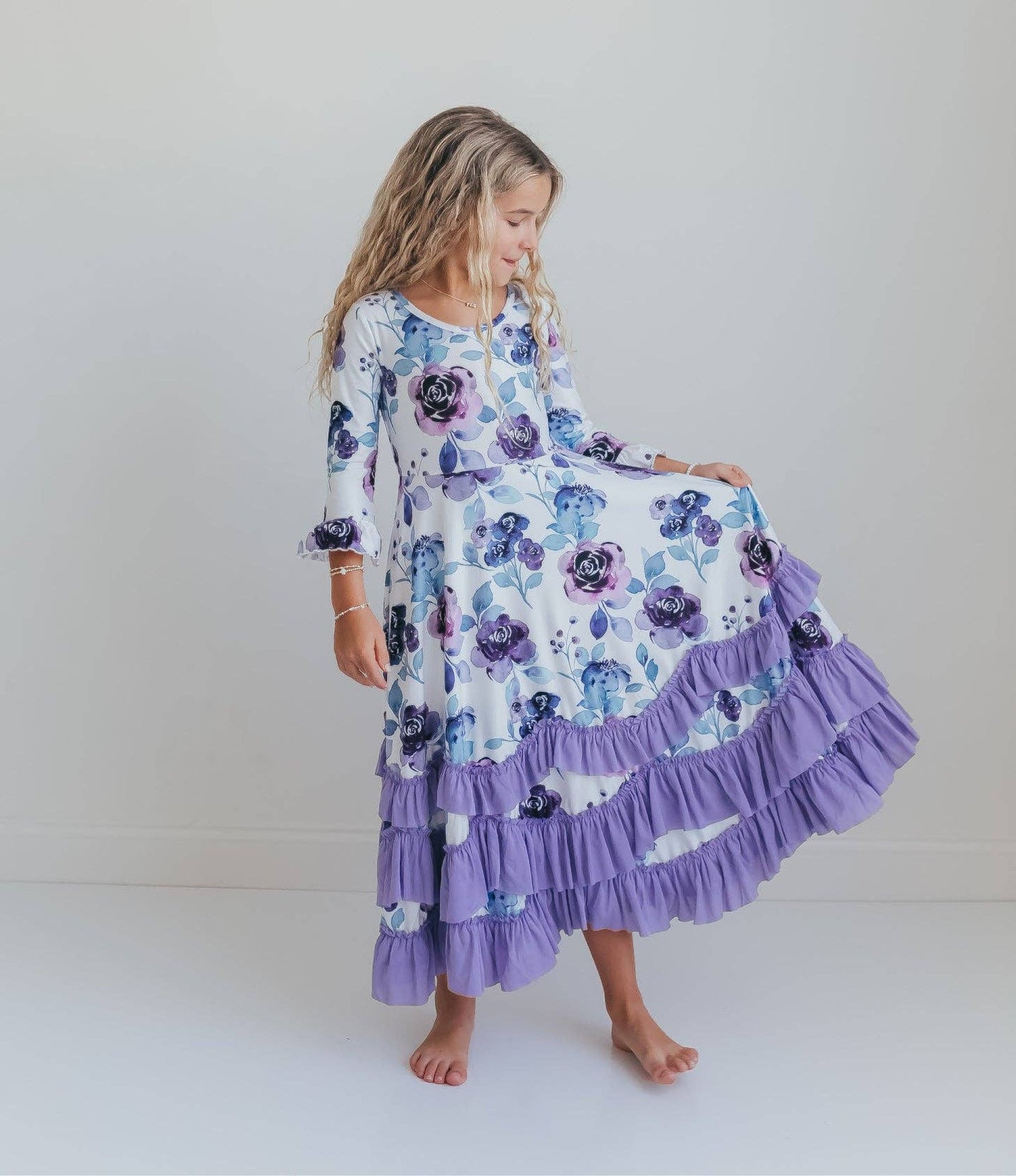 Girls Lavender Winter Floral Long Sleeve Ruffles Dress