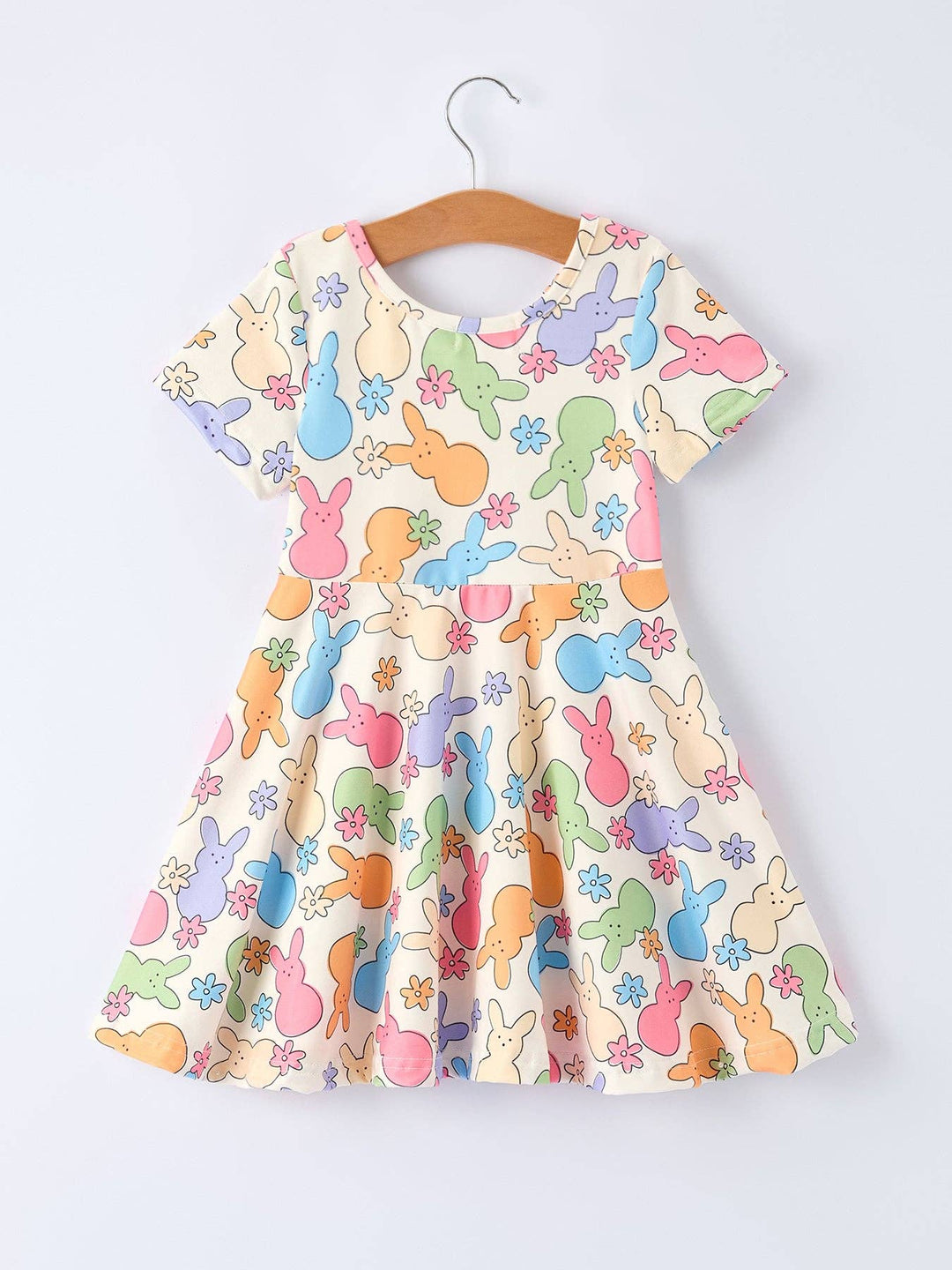 Colorful Bunny Girls Twirl Short-sleeved Dress