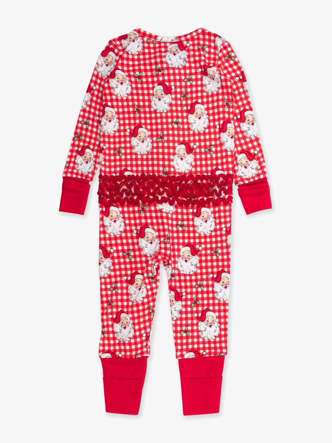 Pijama de una pieza convertible con volantes en rojo Dear Santa de viscosa de bambú para niñas SoftSnooze™