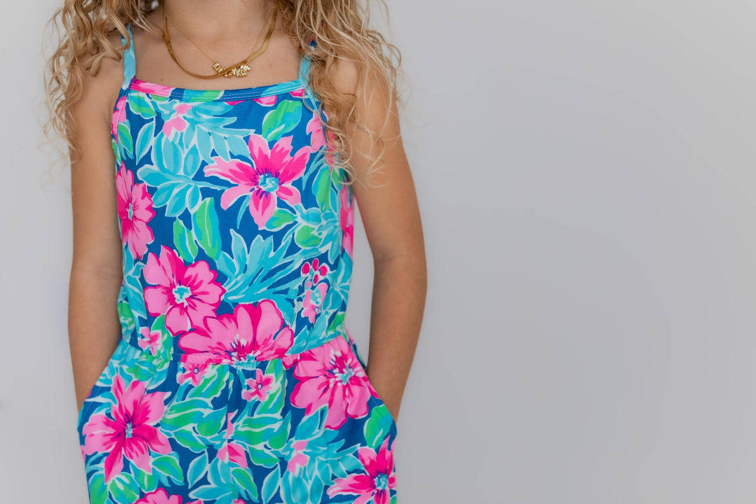 Kids Bright Pink Tropical Spring Summer Jumpsuit With Pockets