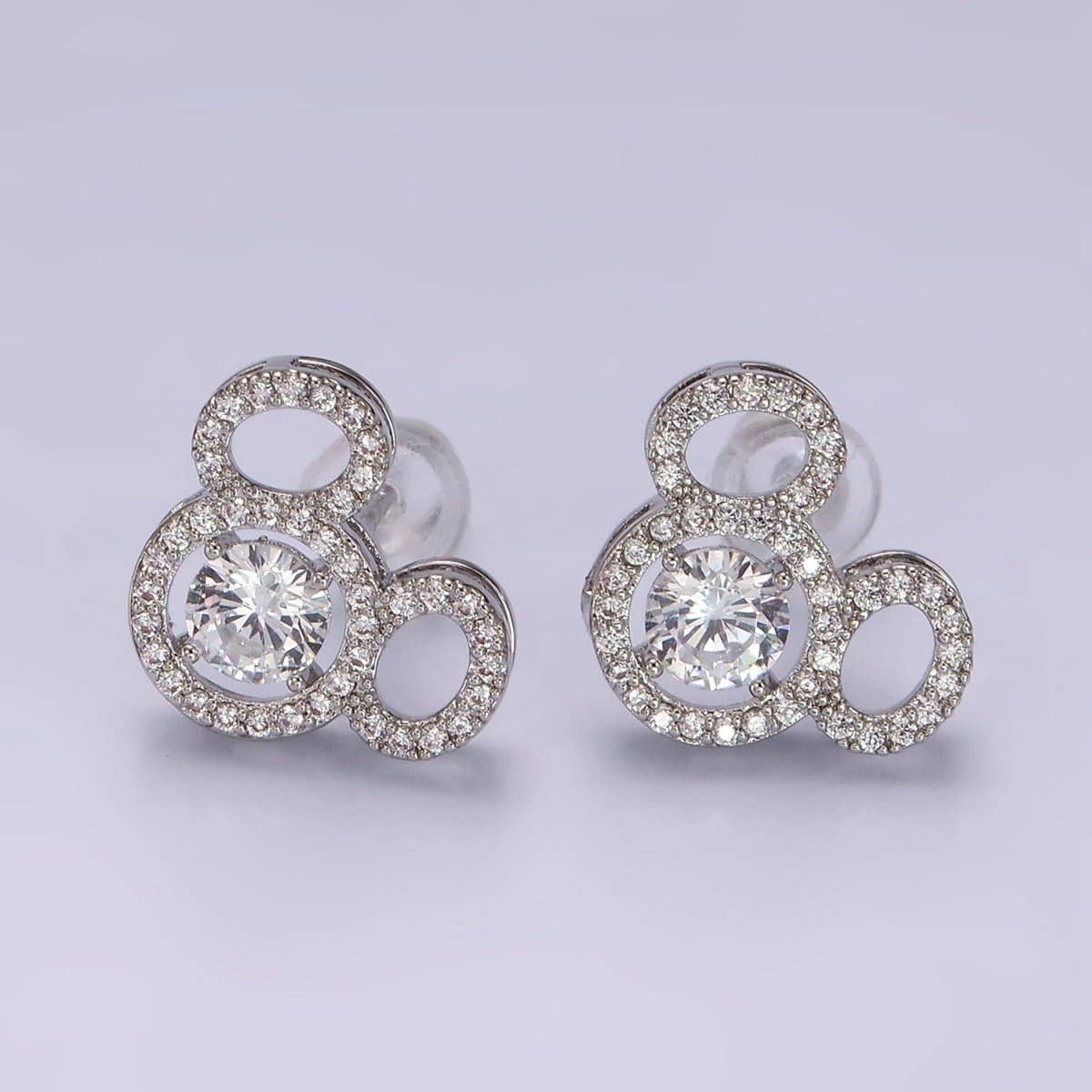 14K Gold Filled Triple Clear CZ Open Round Micro Paved Mouse Stud Earrings in Gold & Silver | V468 V469
