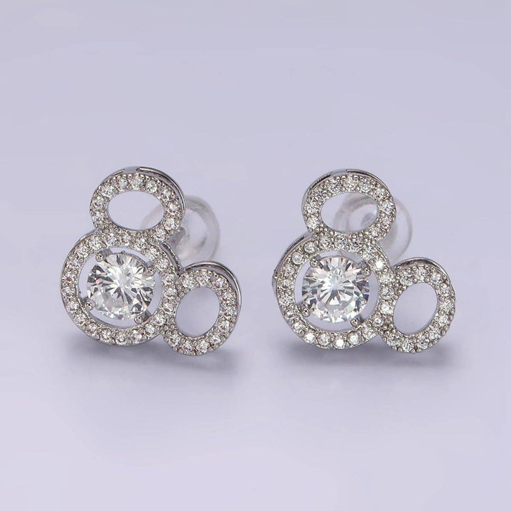 14K Gold Filled Triple Clear CZ Open Round Micro Paved Mouse Stud Earrings in Gold &amp; Silver