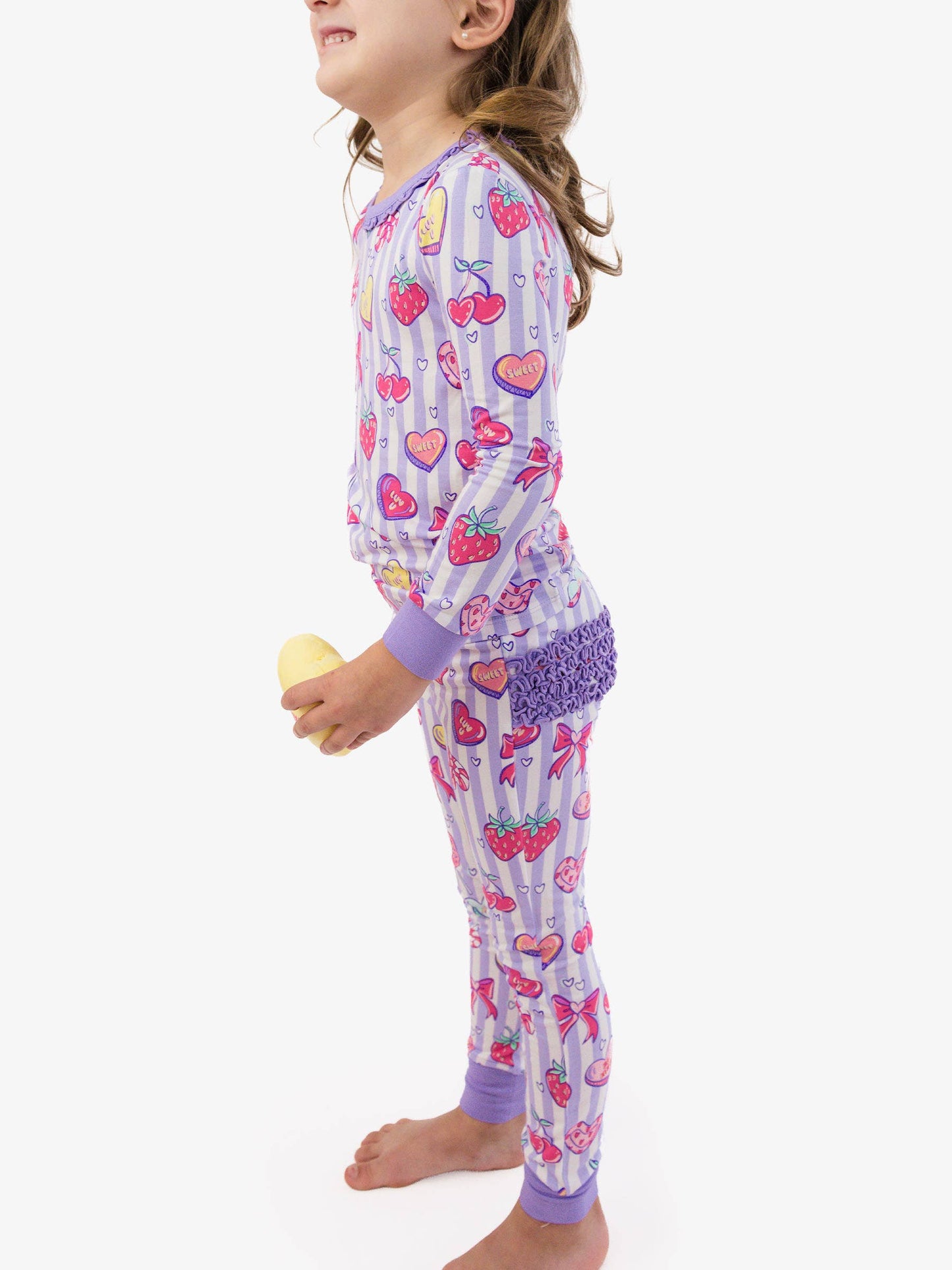 SoftSnooze™ Toddler Girls Bamboo Viscose Lolly Hearts Ruffle Long Sleeve Pajama Set with Signature Rear Ruffles