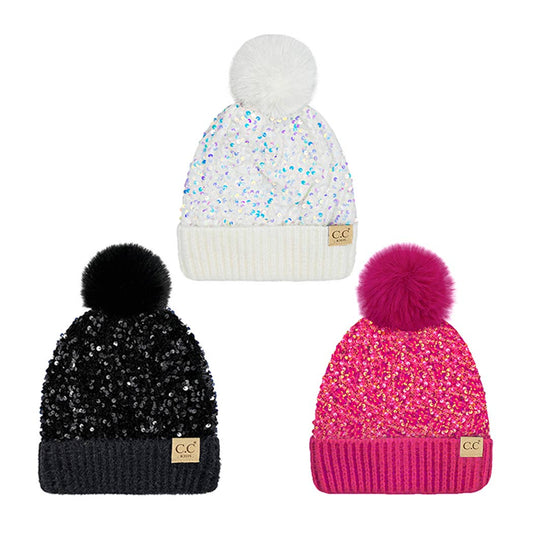 Kid's Glitter Sequined Beanie with Pom Pom