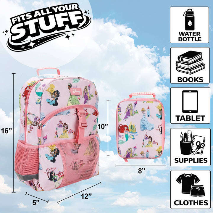 Disney Princess All-Over Character Print Pink 16” Backpack With Lunchbox Set