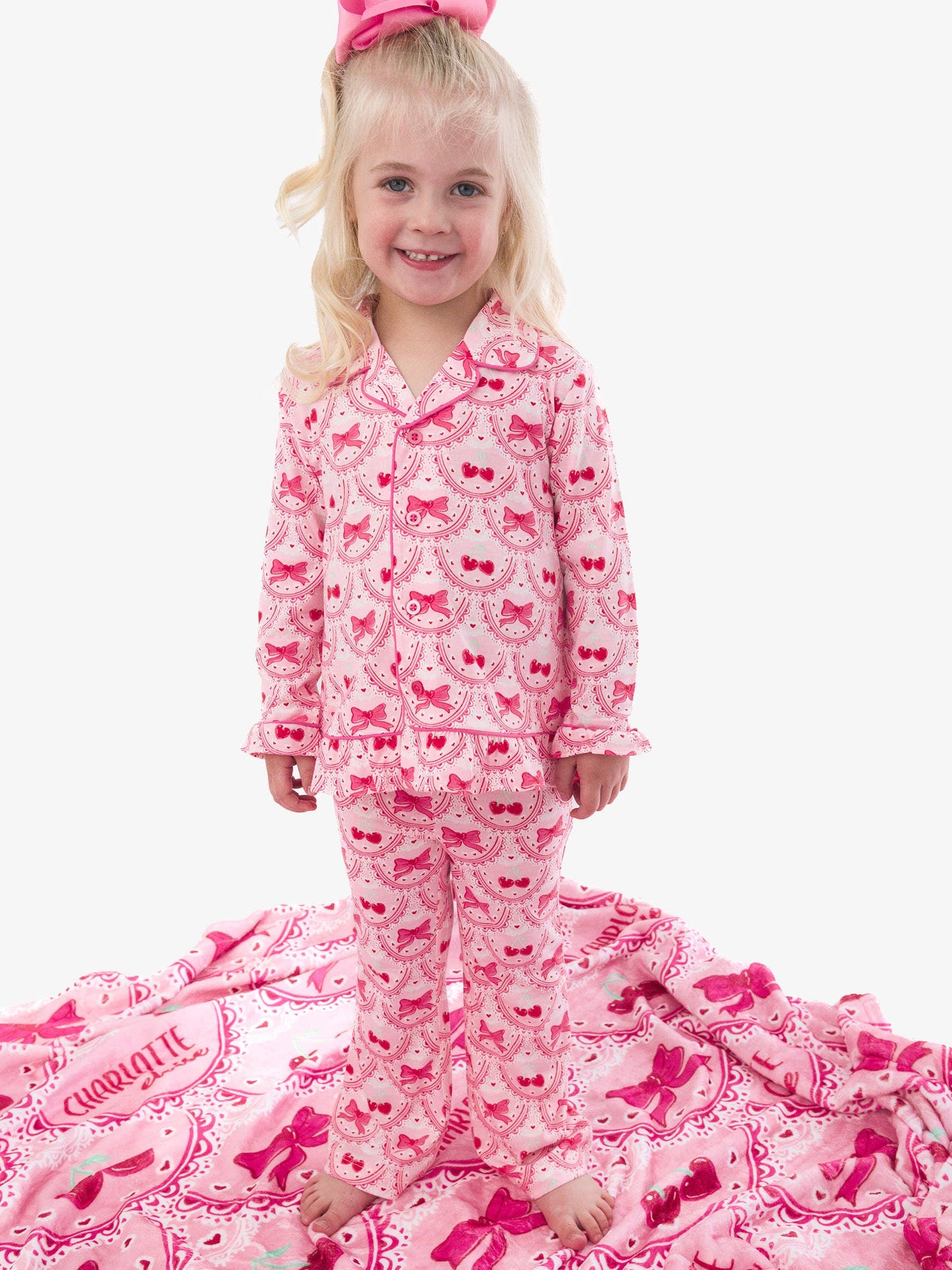 SoftSnooze™ Girls Love You Cherry Much Long Sleeve Button Up Ruffle Flare Pajama Set