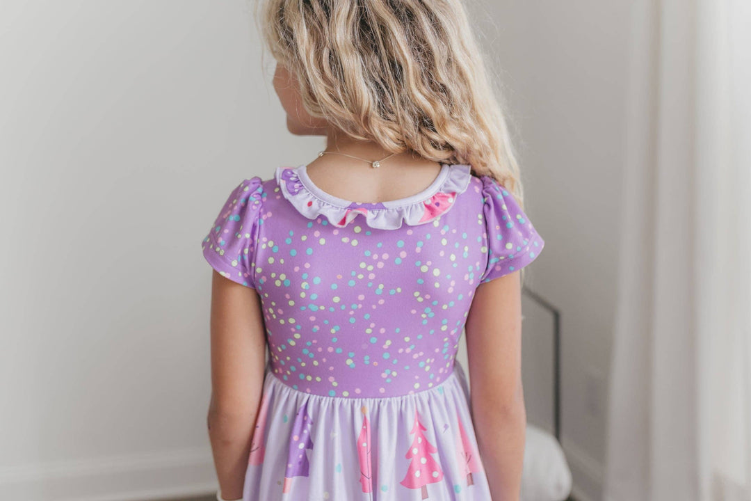 Girls Purple Christmas Tree Holiday Ruffle Lounge Play Gown