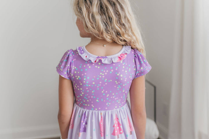 Girls Purple Christmas Tree Holiday Ruffle Lounge Play Gown