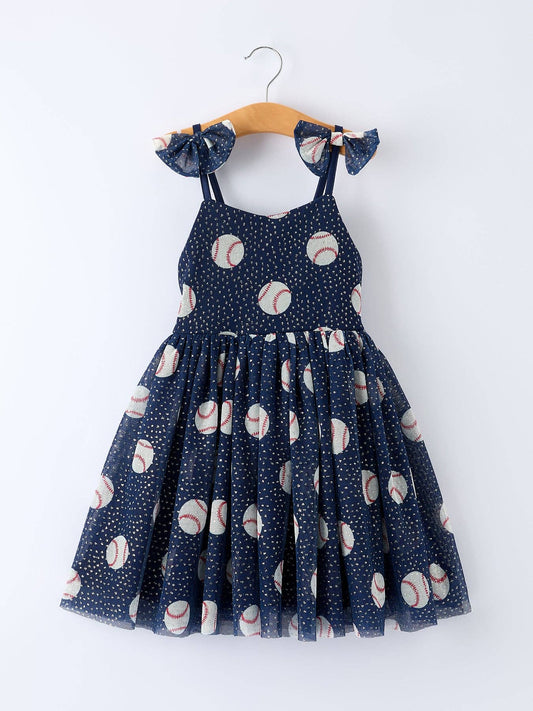 Baseball Sleeveless Bow Strap Girls Dress