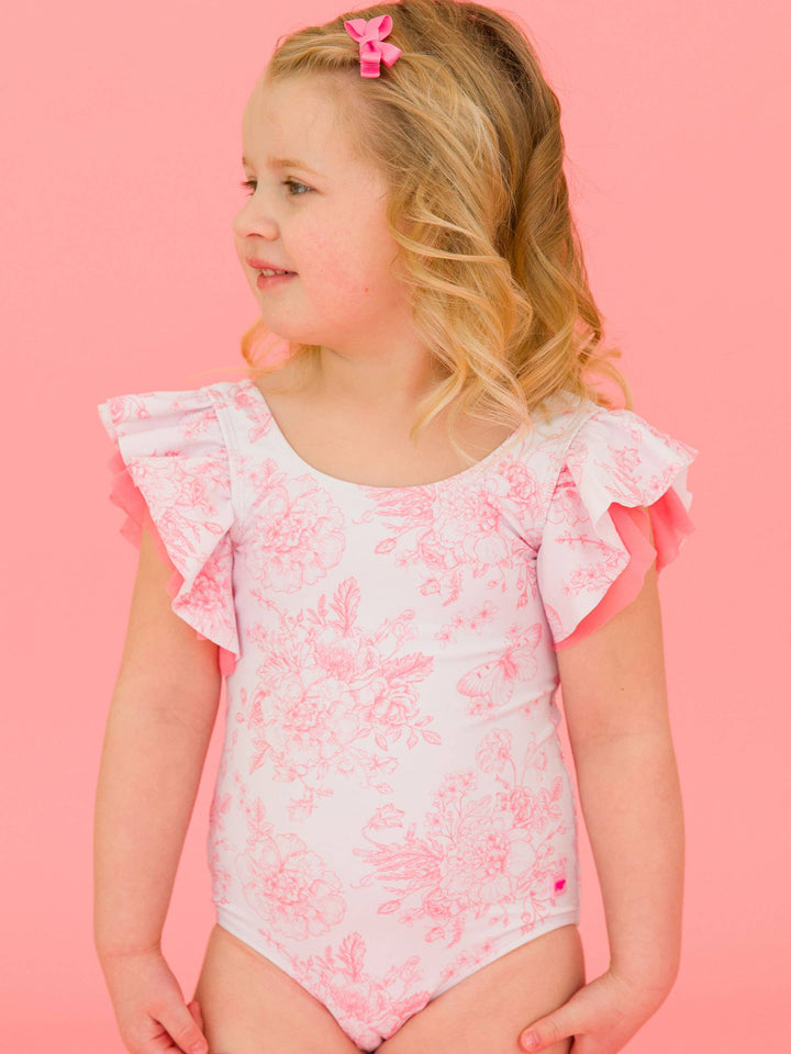 Girls Bubblegum Pink Butterfly Garden Toile Butterfly Sleeve One Piece Swimsuit