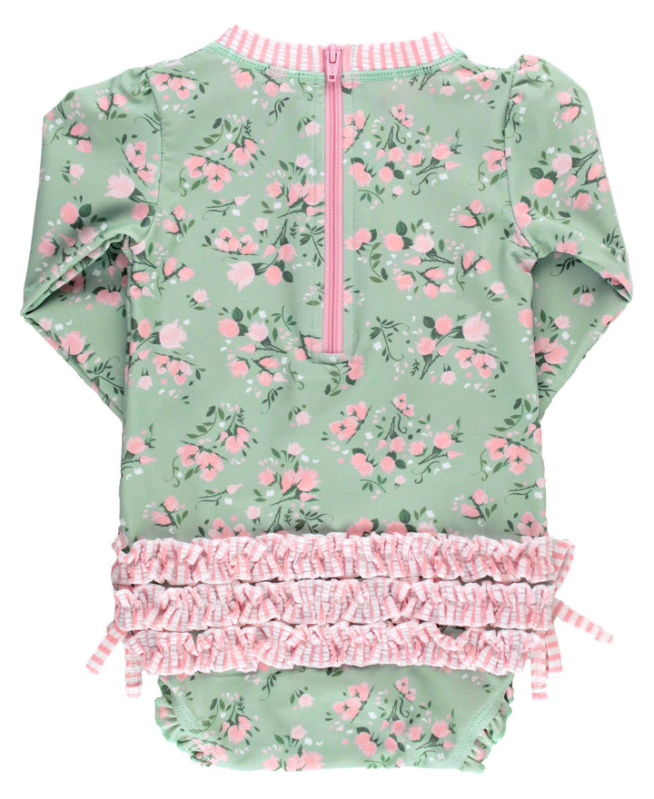 Baby Girls Tea Roses Long Sleeve One Piece Rash Guard Swimsuit with Signature Rear Ruffles