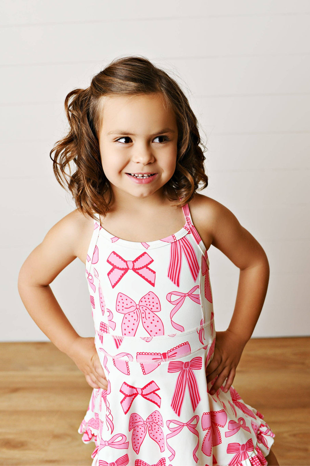 Girls White &amp; Pink Bow Athletic Active Sport Ruffle Dress