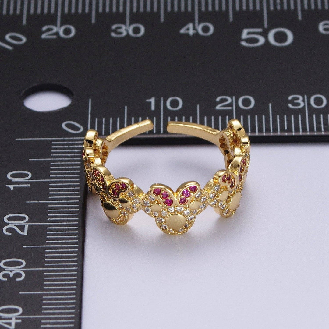 Clear Pave CZ Fuchsia-Bowed Mouses Adjustable Gold Ring