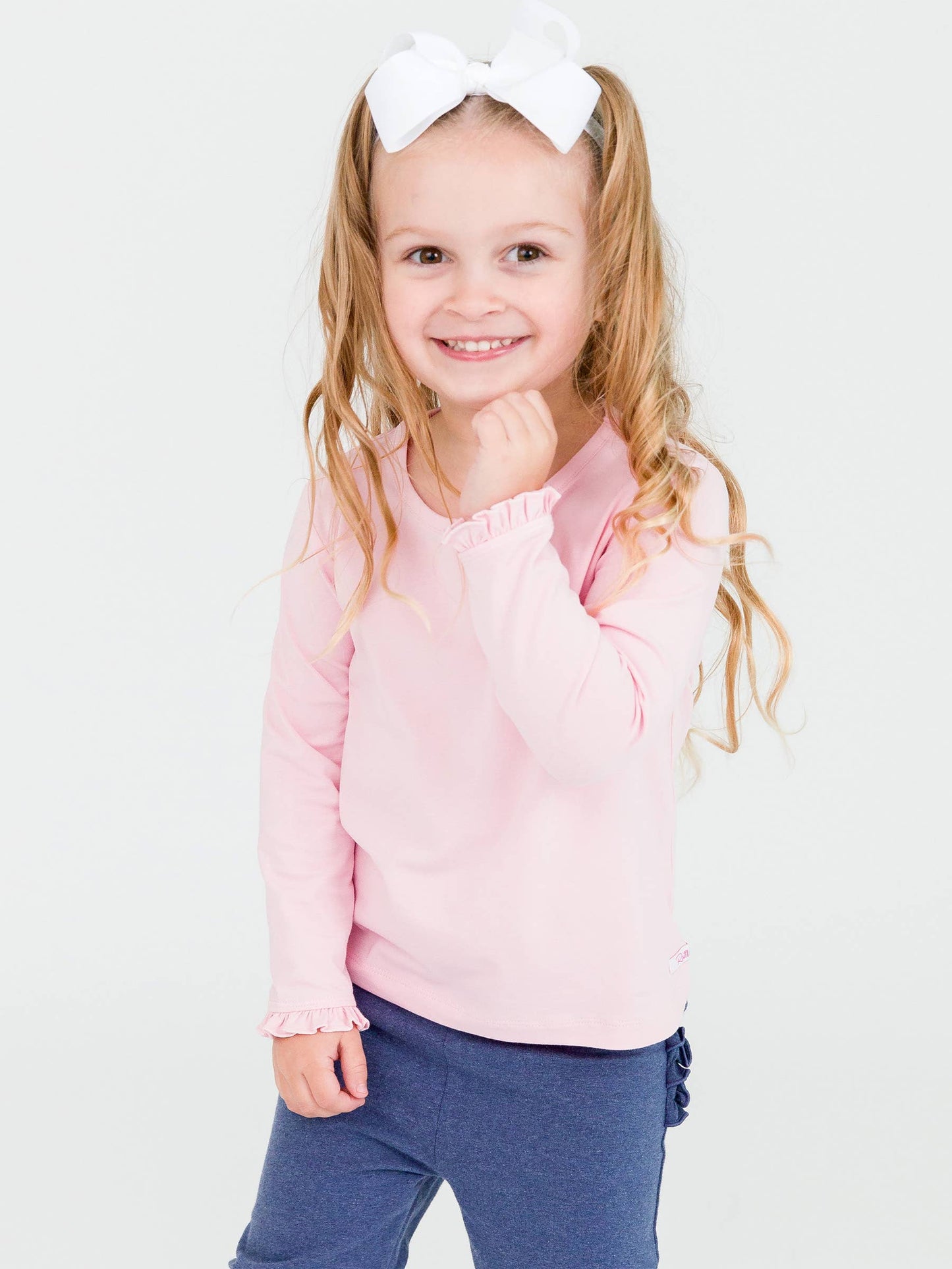 Girls Pink Knit Long Sleeve Ruffle Sleeve Top