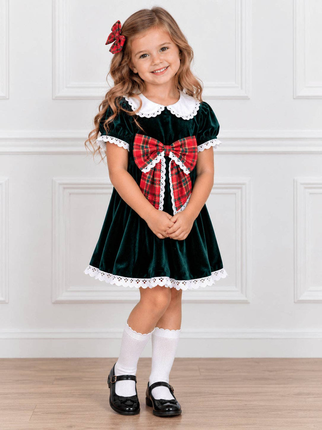 Plaid Bow Girls Velvet Christmas Dress