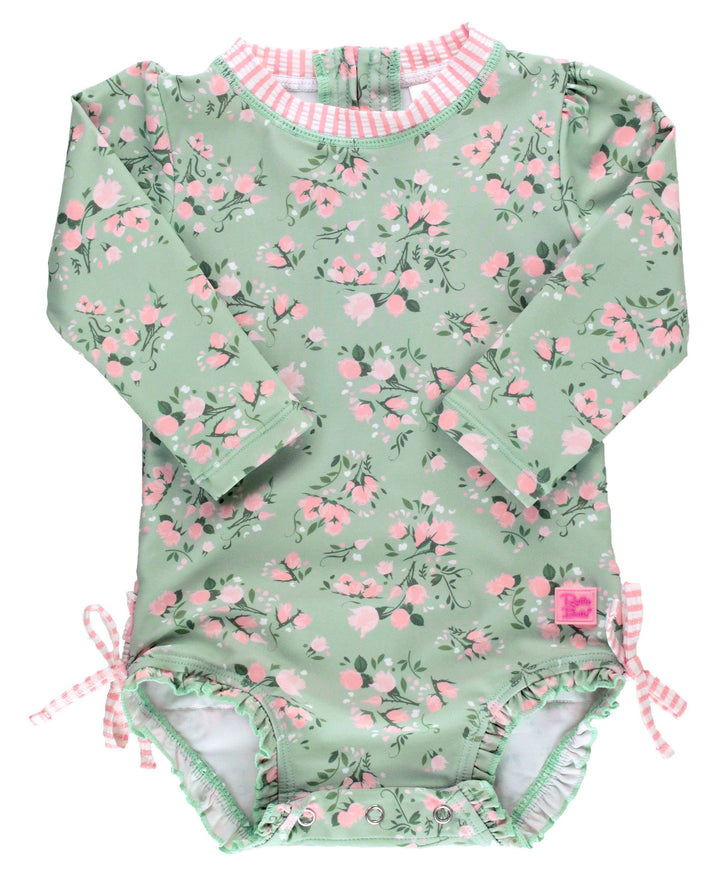Baby Girls Tea Roses Long Sleeve One Piece Rash Guard Swimsuit with Signature Rear Ruffles