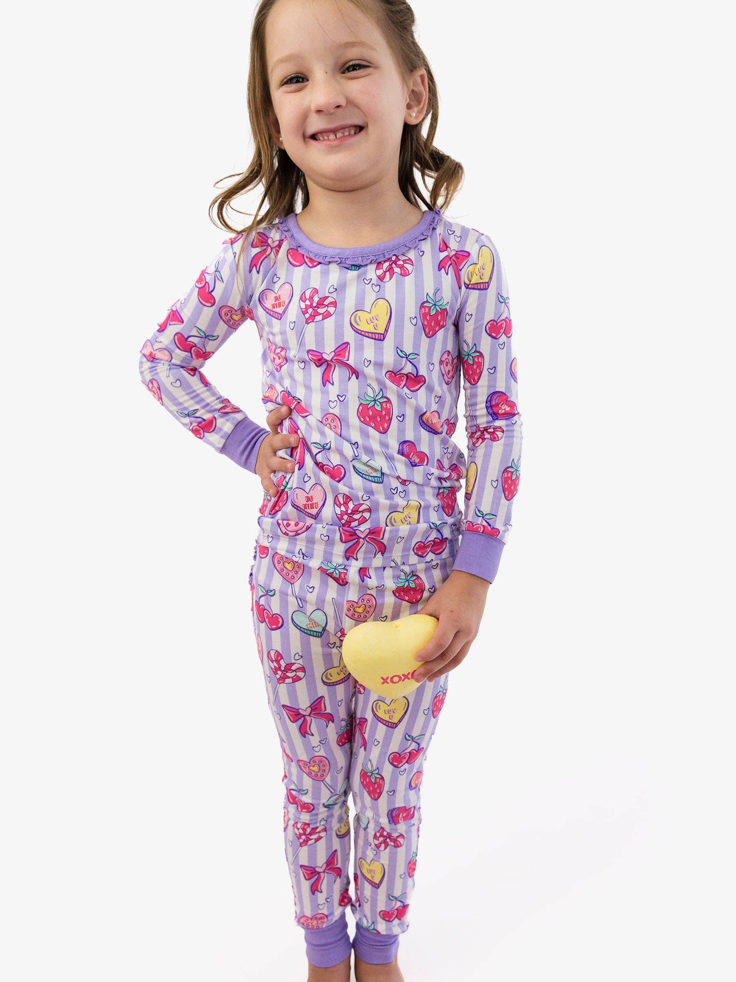 SoftSnooze™ Toddler Girls Bamboo Viscose Lolly Hearts Ruffle Long Sleeve Pajama Set with Signature Rear Ruffles
