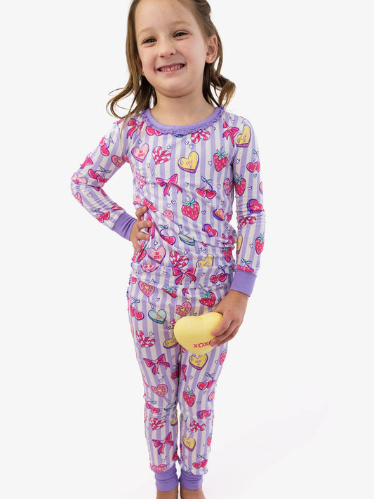 SoftSnooze™ Toddler Girls Bamboo Viscose Lolly Hearts Ruffle Long Sleeve Pajama Set with Signature Rear Ruffles