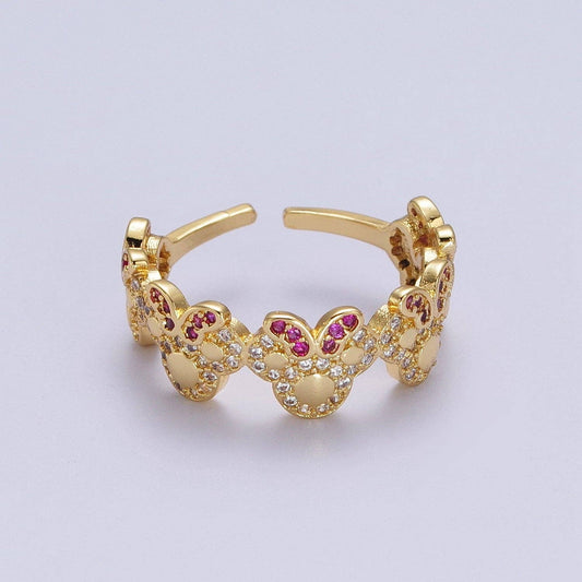 Clear Pave CZ Fuchsia-Bowed Mouses Adjustable Gold Ring O184