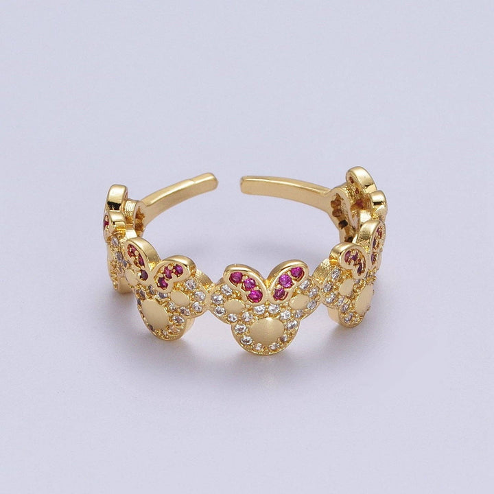 Clear Pave CZ Fuchsia-Bowed Mouses Adjustable Gold Ring