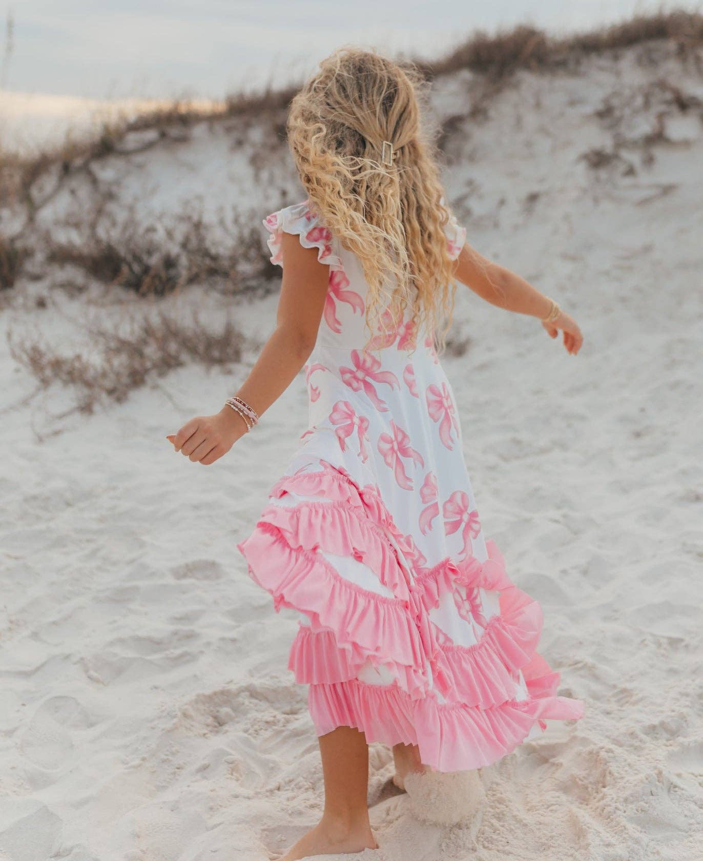 Kids Bella Pink Bow Flutter Sleeve Ruffles Spring Dress