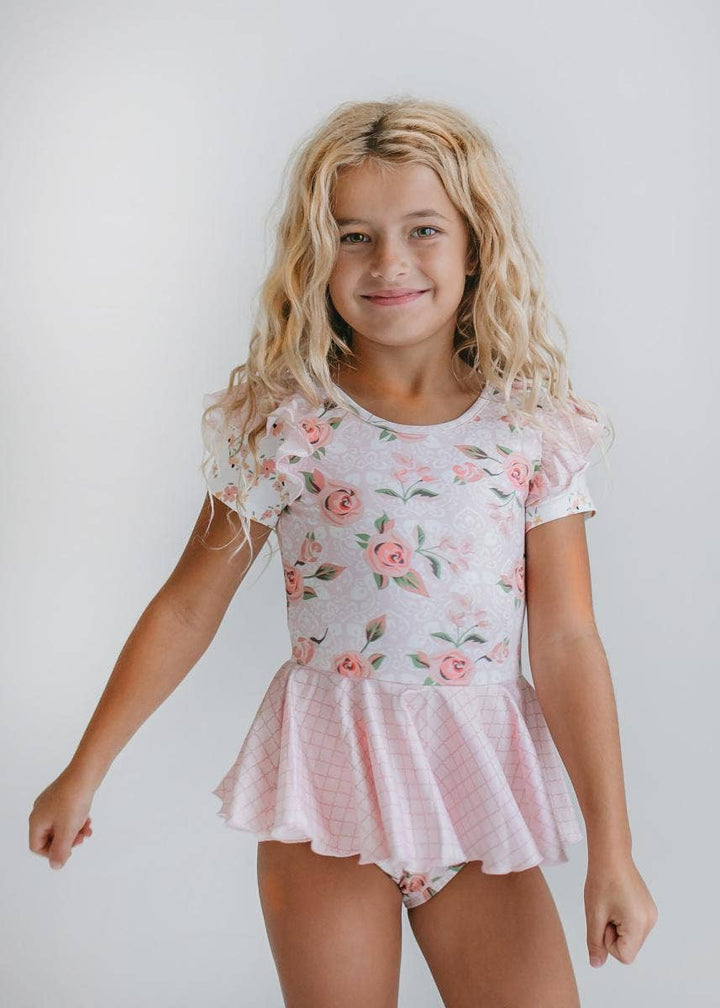 Girls Pale Pink Rose Dance Gymnastics Skirted Twirl Leotard
