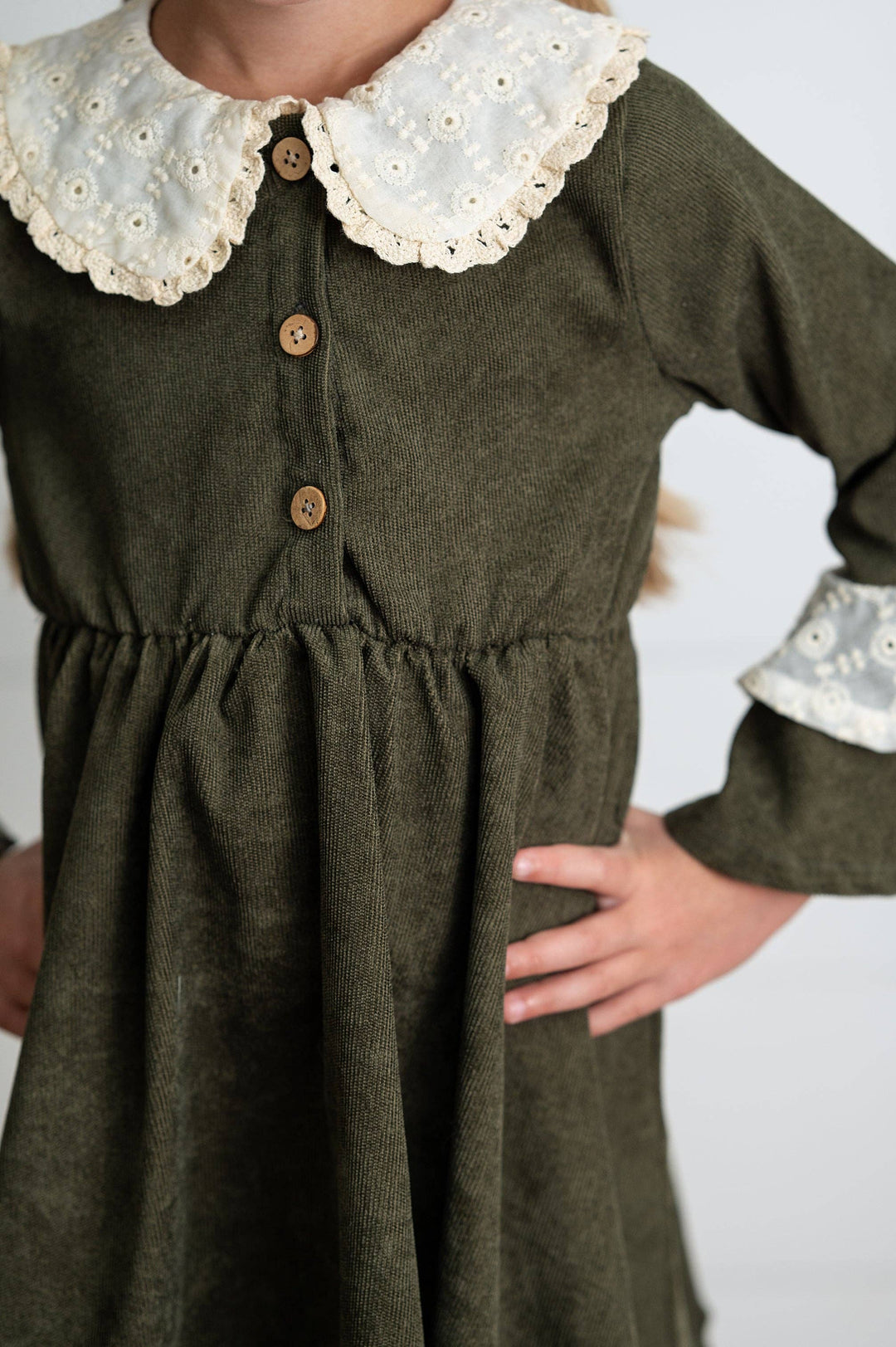 Girls Olive Green Corduroy &amp; Lace Bell Sleeve Fall Dress